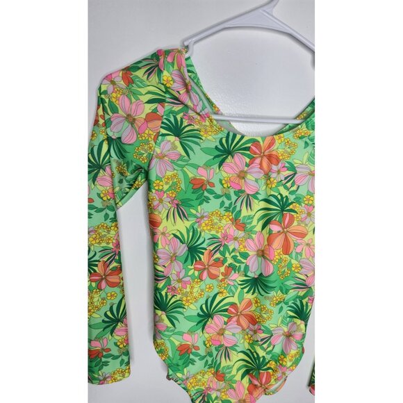 Art Class Swimsuit Girls Large 10/12 Green Floral Long Sleeve Cutout Back UPF50 - Picture 2 of 6